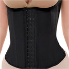 Fajas Salome black waist cincher with triple hook-and-eye closure, Colombian shapewear body shaper front view