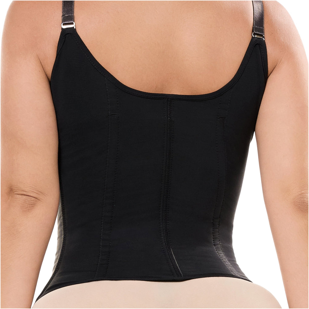 Fajas Salome 63136 black open-bust bodysuit back view, daily Colombian shapewear with boned panels and adjustable straps