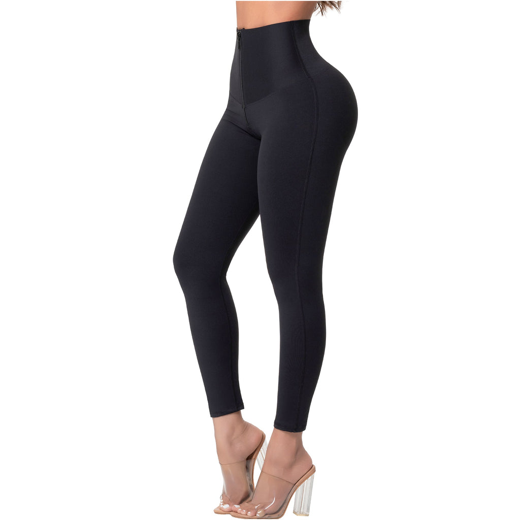 Fajas Salome 6501 black high-waist shaper leggings with zipper closure, Colombian shapewear body shaper side view