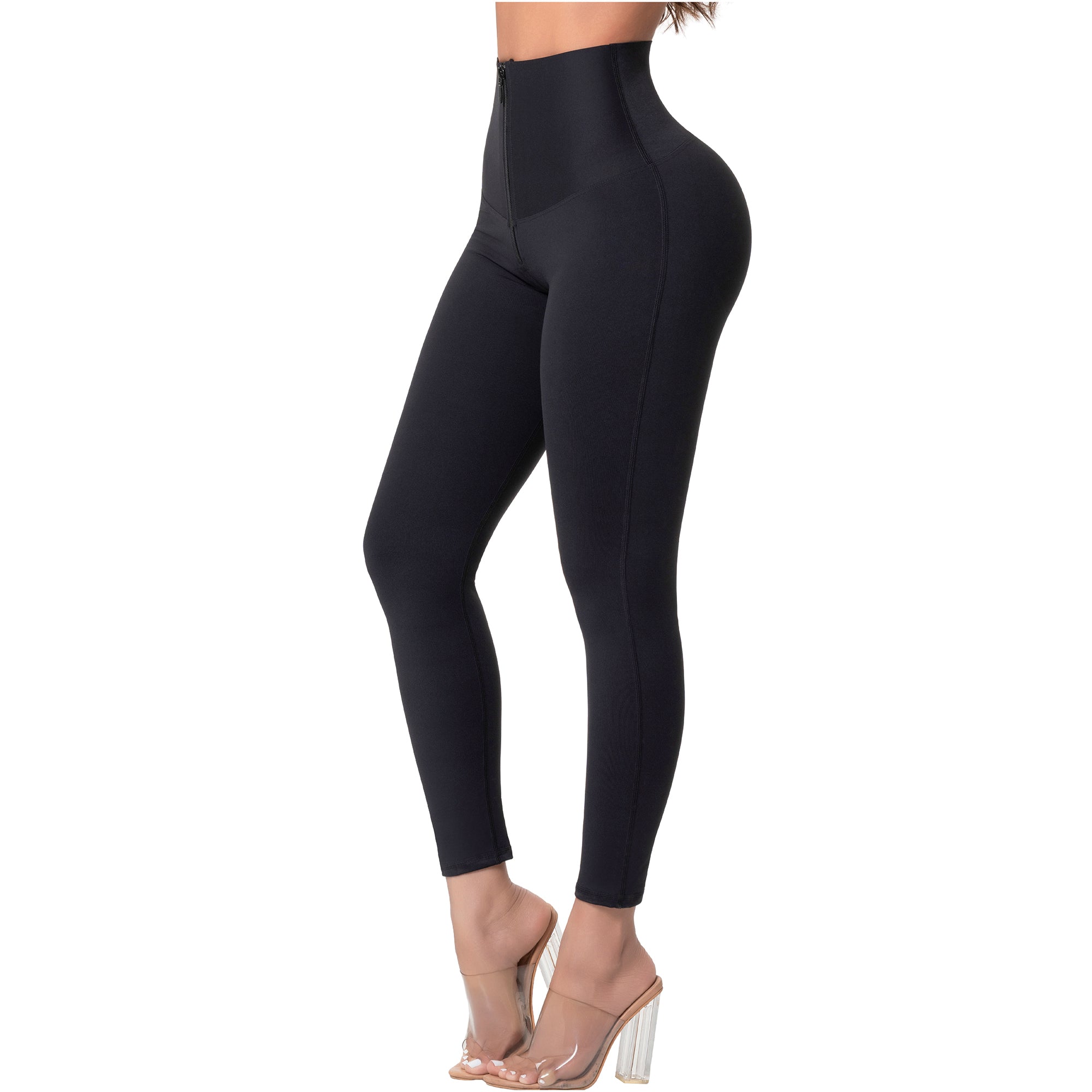 Fajas Salome 6501 black high-waist shaper leggings with zipper closure, Colombian shapewear body shaper side view
