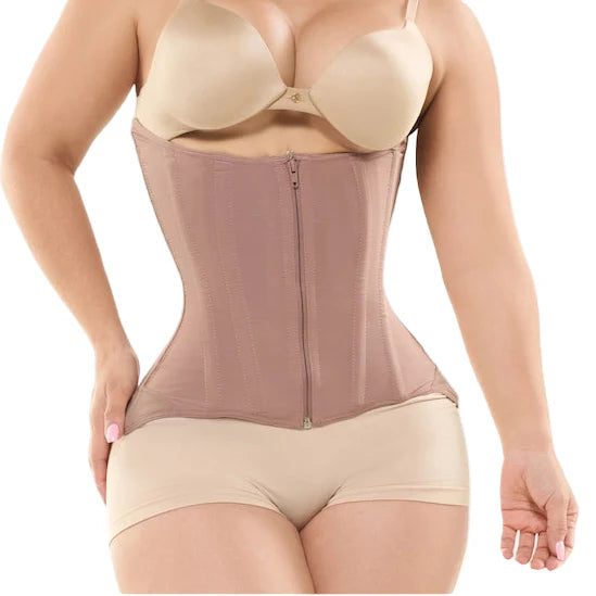 Fajas Salome 7011 mocha waist trainer with front zipper closure, Colombian shapewear for daily body shaper use front view