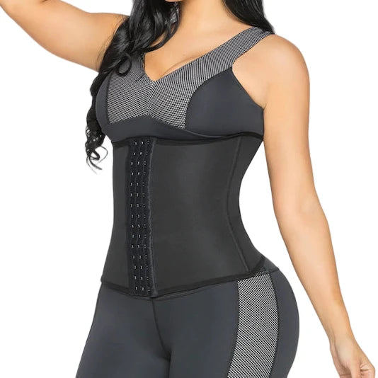 Fajas Salome 852 black latex waist trainer with hook closure, Colombian shapewear body shaper for women side view