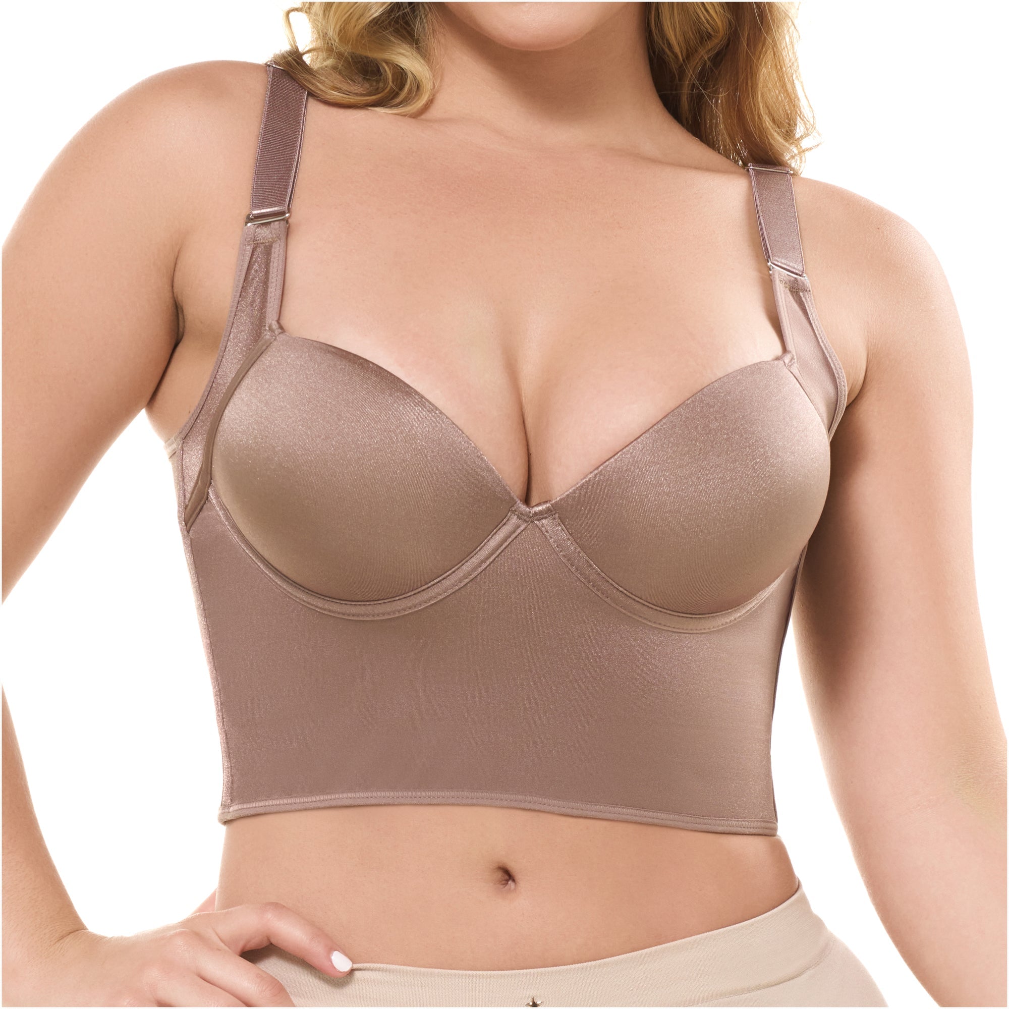 Fajas Salome BC100-NE mocha satin bra top with underwire cups and adjustable straps, Colombian shapewear front view