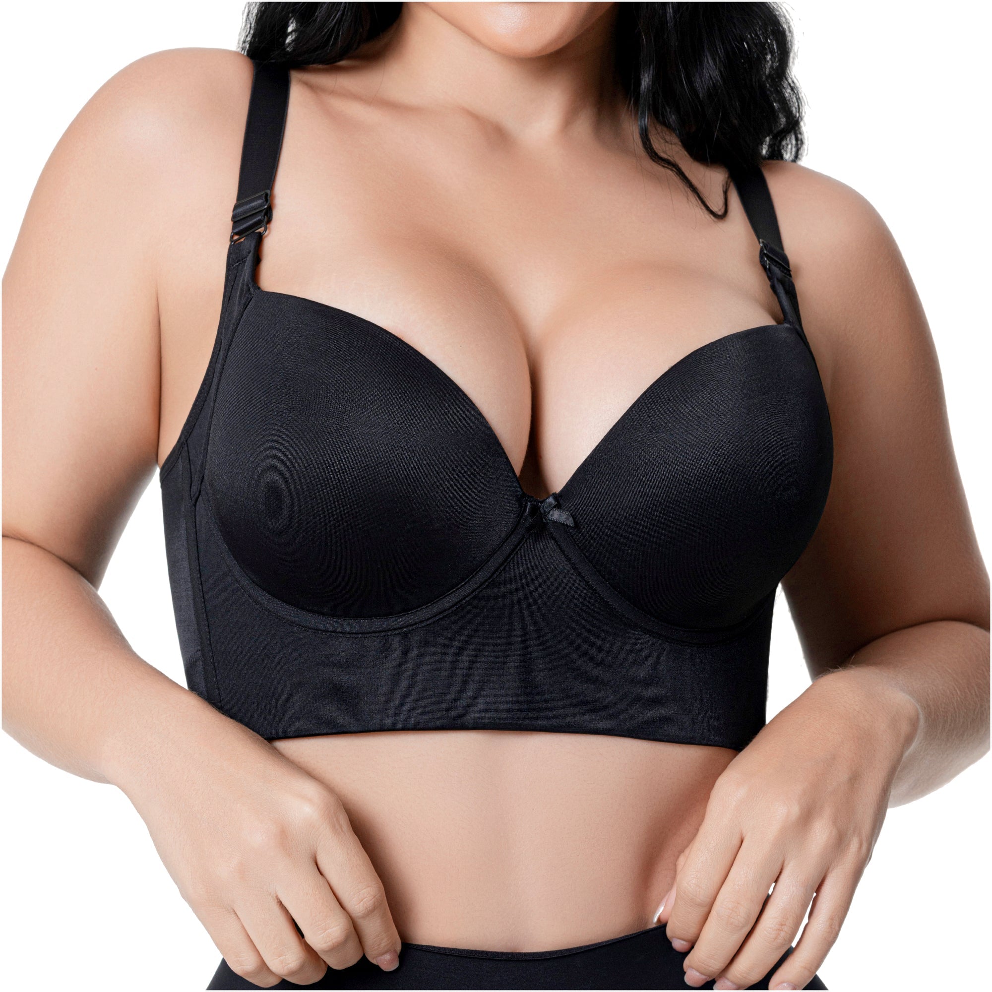 Fajas Salome BC100-NE black longline push-up bra with adjustable straps, Colombian shapewear for plus size women front view