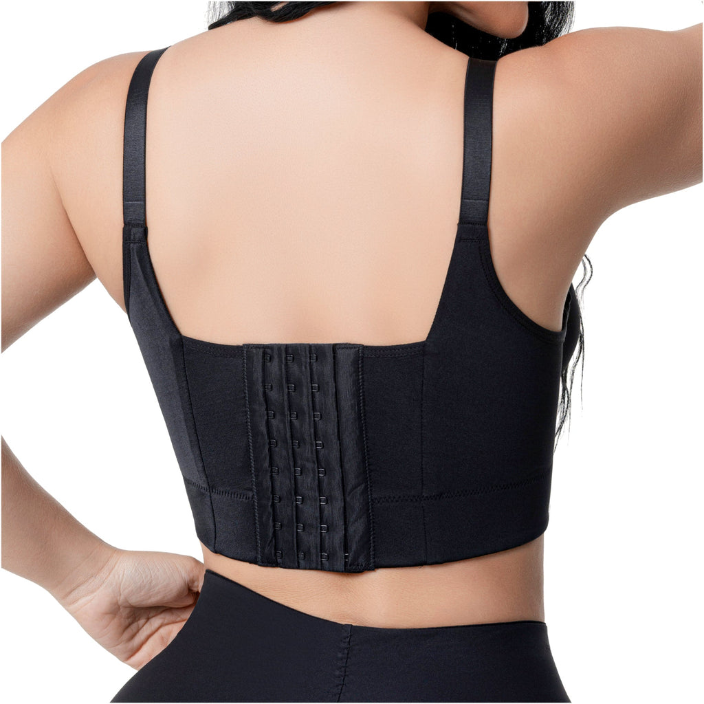 Fajas Salome BC100-NE black bra top with hook closure back view, Colombian shapewear compression garment for women