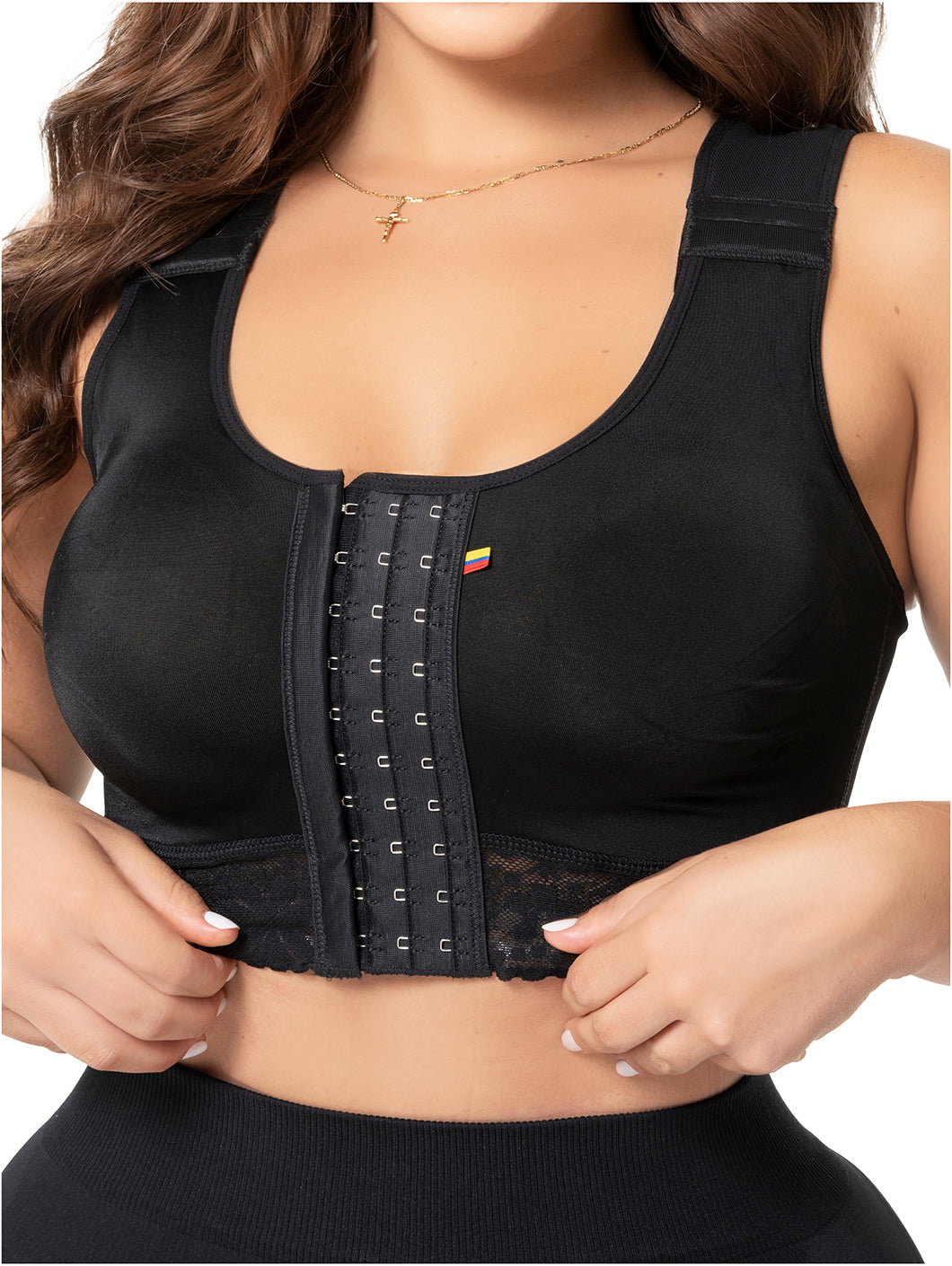 Fajas Salome 02L4 black front-closure compression bra with hook fastening, Colombian shapewear top for post-surgery support