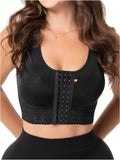 Fajas Salome 02L4 black hook-and-eye compression bra top with lace trim, Colombian shapewear post-surgery faja front view