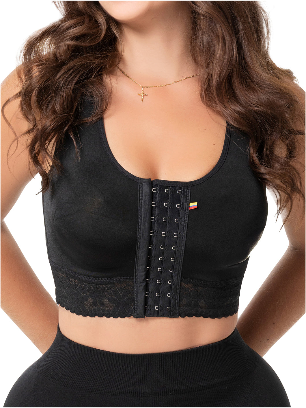 Fajas Salome 02L4 black hook-and-eye compression bra top with lace trim, Colombian shapewear post-surgery faja front view