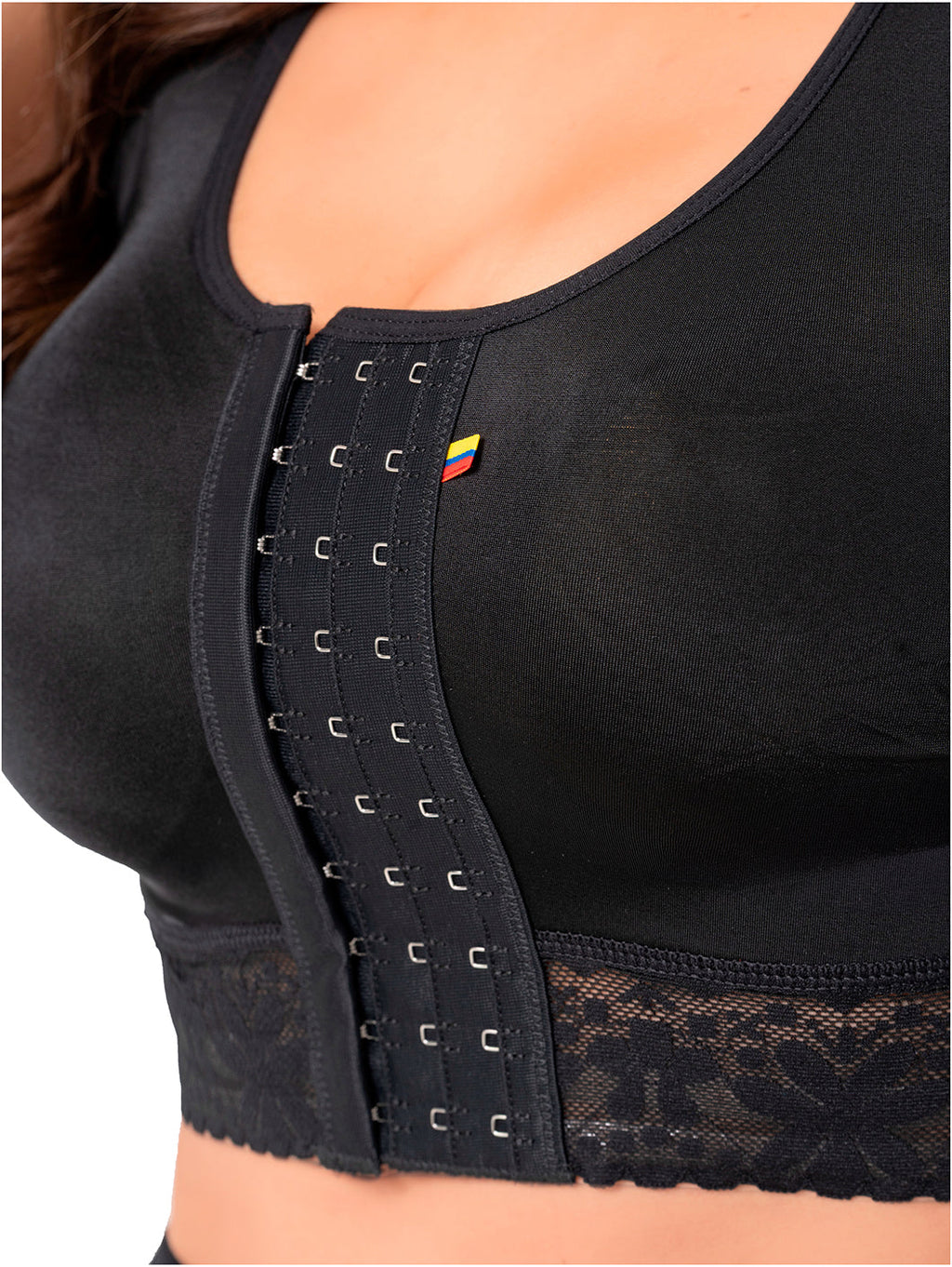 Fajas Salome 02L4 black front-closure compression bra with hook-and-eye detail, Colombian shapewear post-surgery top for wome