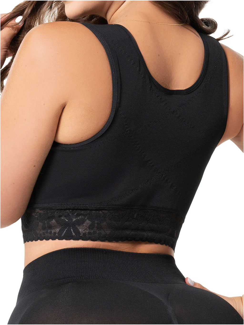 Fajas Salome 02L4 black crop top body shaper with lace trim racerback, Colombian shapewear for daily use back view