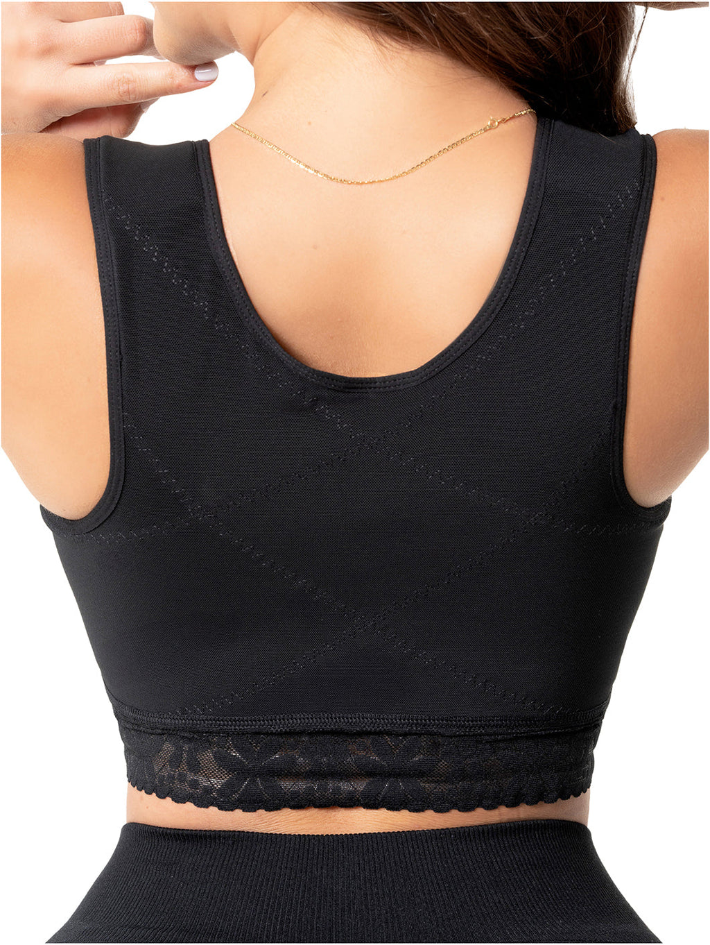 Fajas Salome 02L4 black crop top body shaper with lace band, Colombian shapewear back view for everyday support