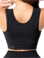 Fajas Salome 02L4 black crop top body shaper with lace band, Colombian shapewear back view for everyday support