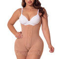Fajas Salome 6066 beige full-body Colombian shapewear bodysuit with hook closure and lace trim, daily body shaper front view
