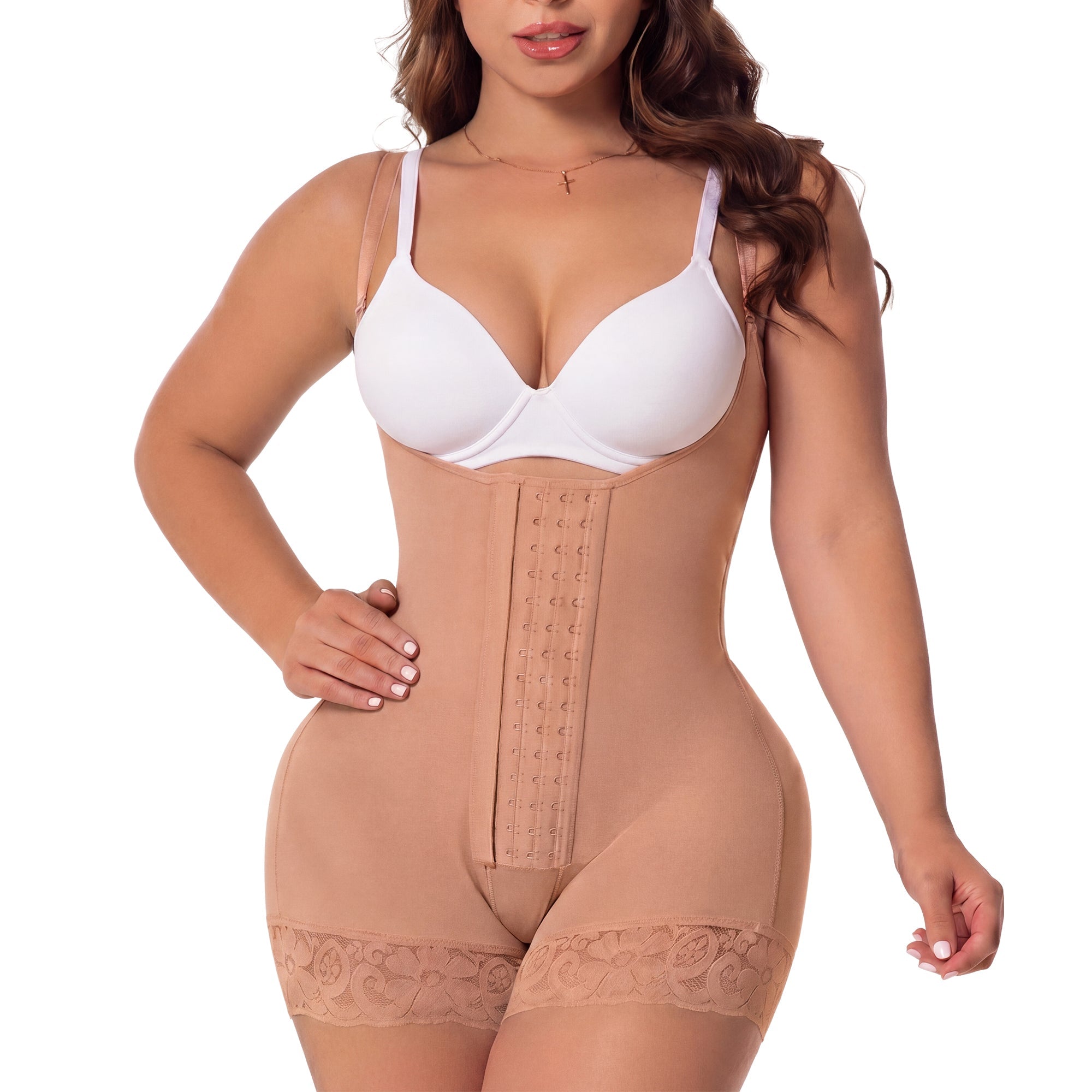 Fajas Salome 6066 beige full-body Colombian shapewear bodysuit with hook closure and lace trim, daily body shaper front view