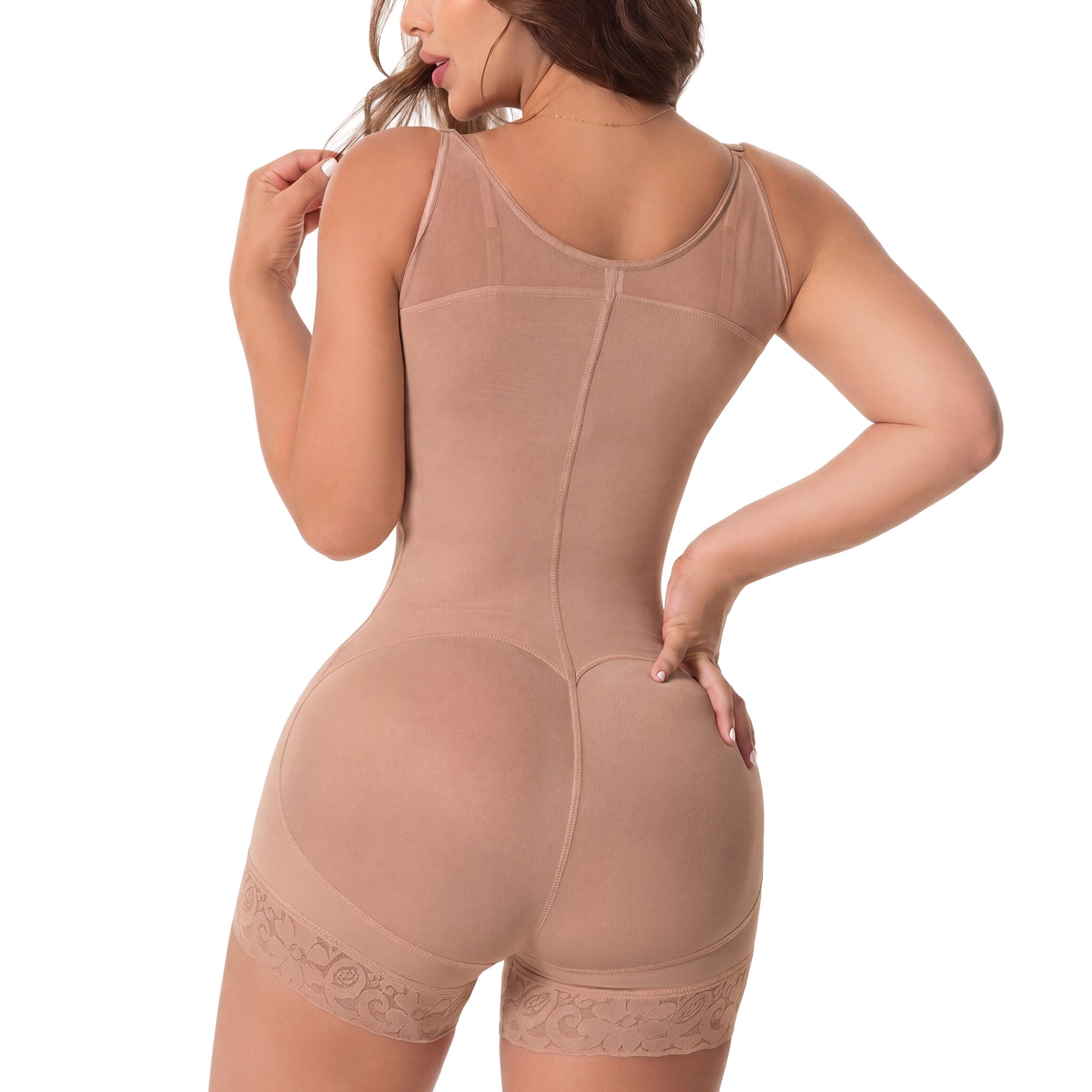 Fajas Salome 6066 nude full-body Colombian shapewear bodysuit with lace trim, daily body shaper back view for women