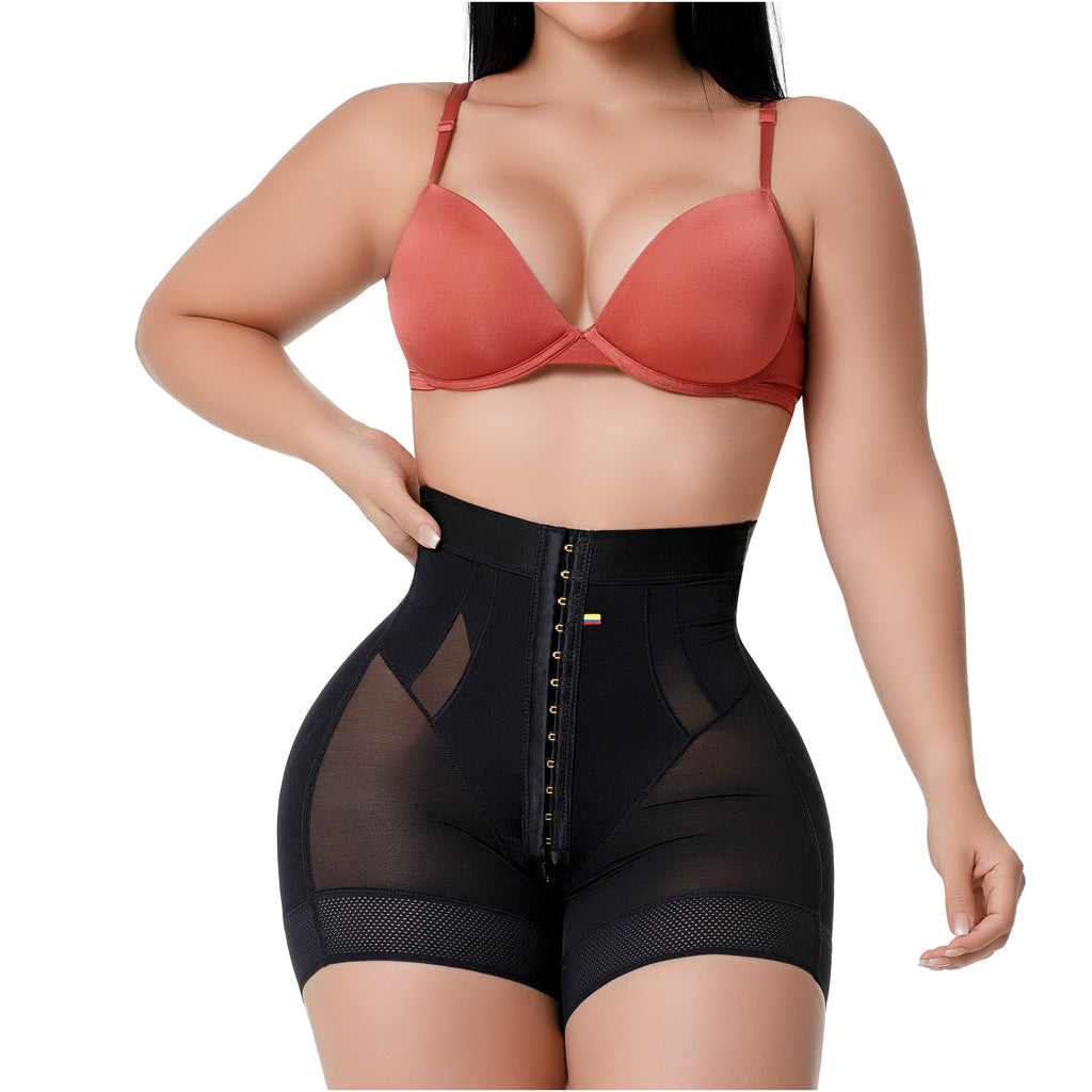 Fajas Salome TC01 black high-waist shaper shorts with hook closure and mesh panels, Colombian shapewear for daily body shapin