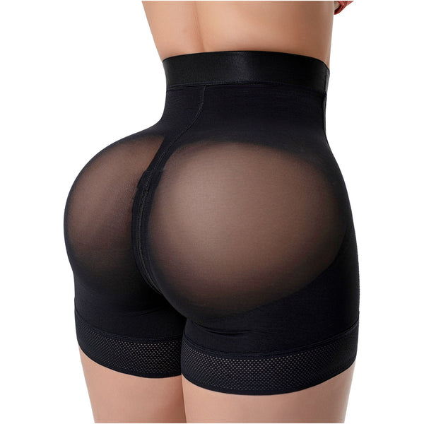 Fajas Salome TC01 black butt-lifting shaper shorts with mesh panels, high-waist Colombian shapewear for women back view