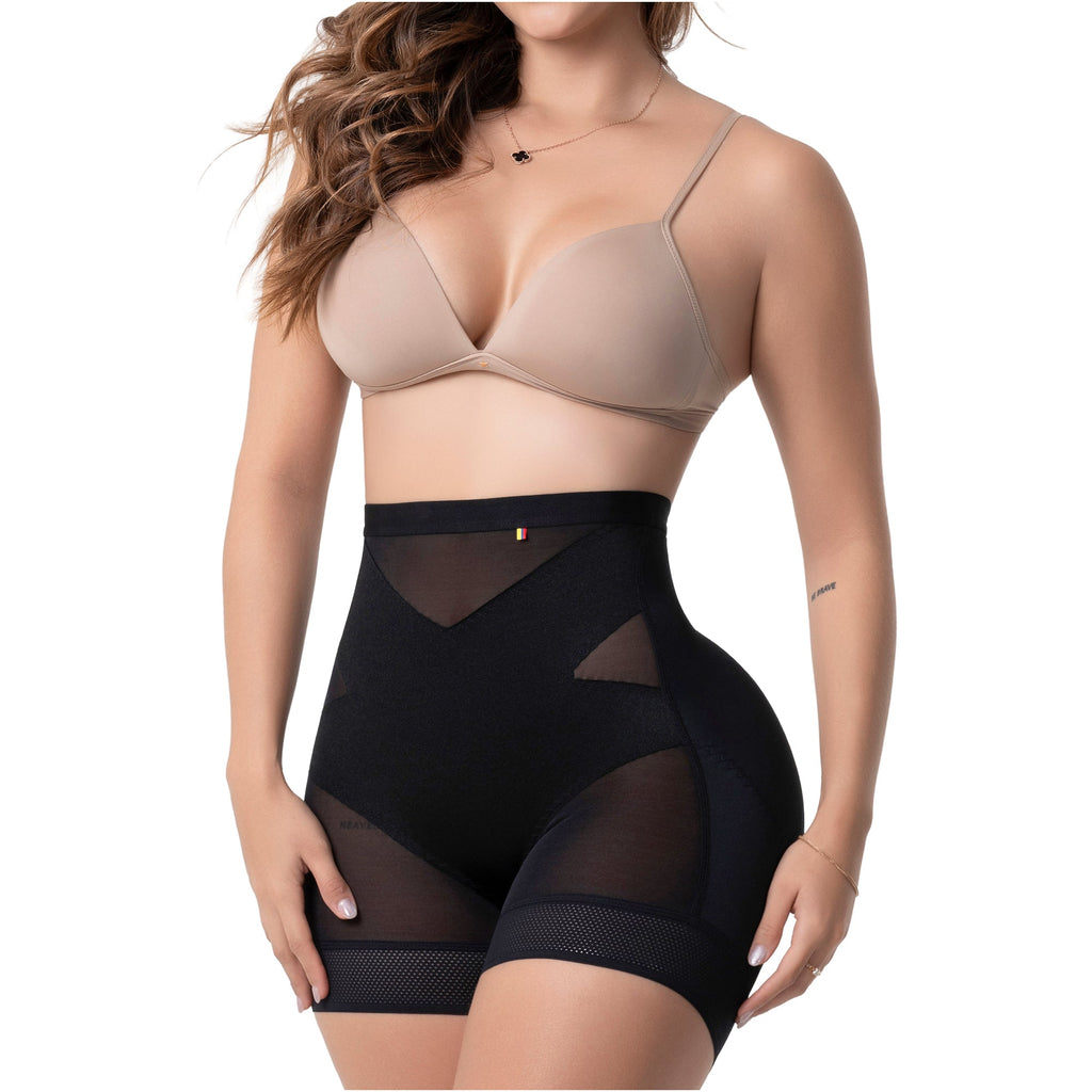 Fajas Salome TC02 black high-waist shaper shorts with mesh panels, Colombian shapewear body shaper for daily tummy control