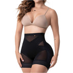 Fajas Salome TC02 black high-waist shaper shorts with mesh panels, Colombian shapewear body shaper for daily tummy control