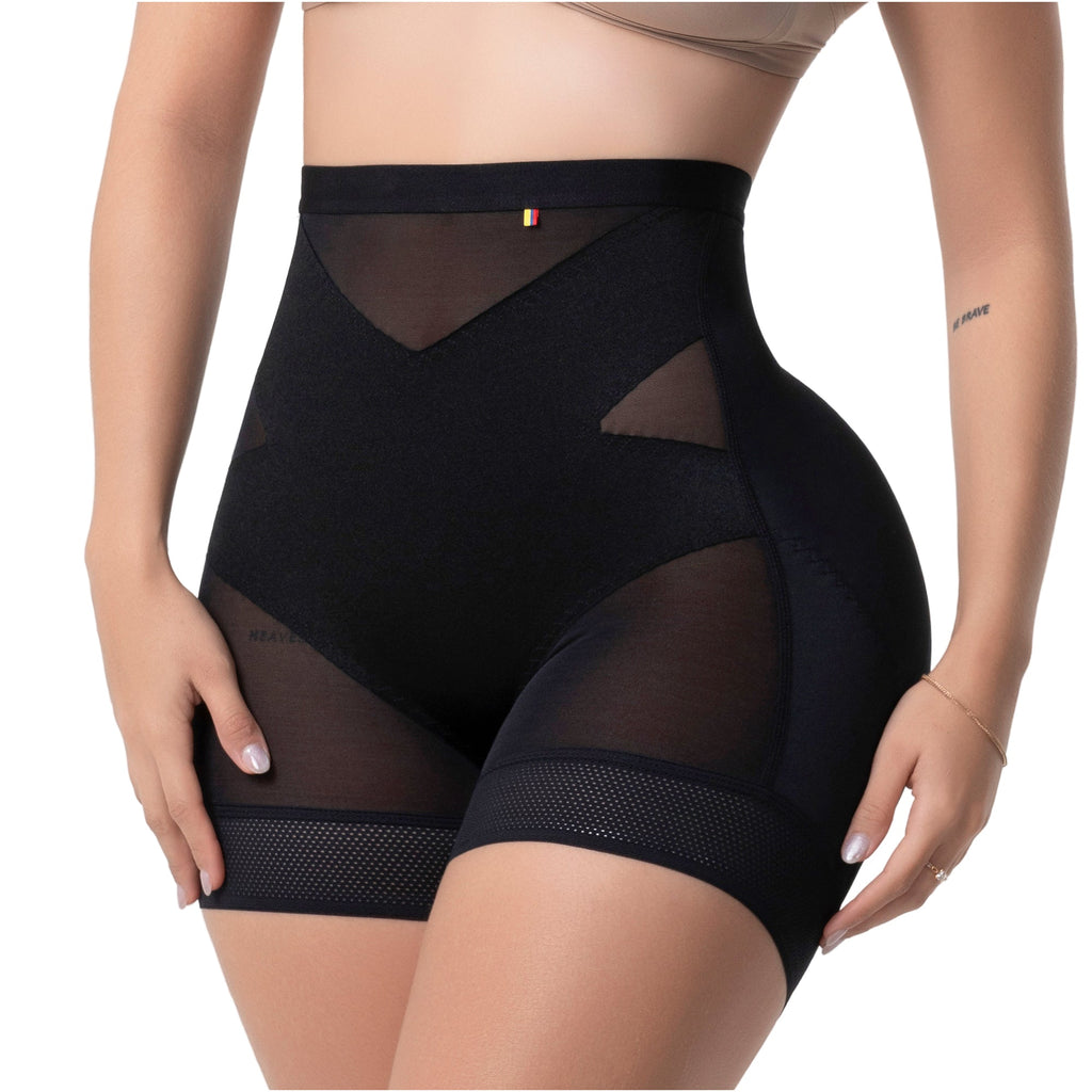 Fajas Salome TC02 black high-waist shaper shorts with mesh panels, Colombian shapewear body shaper for daily use front view