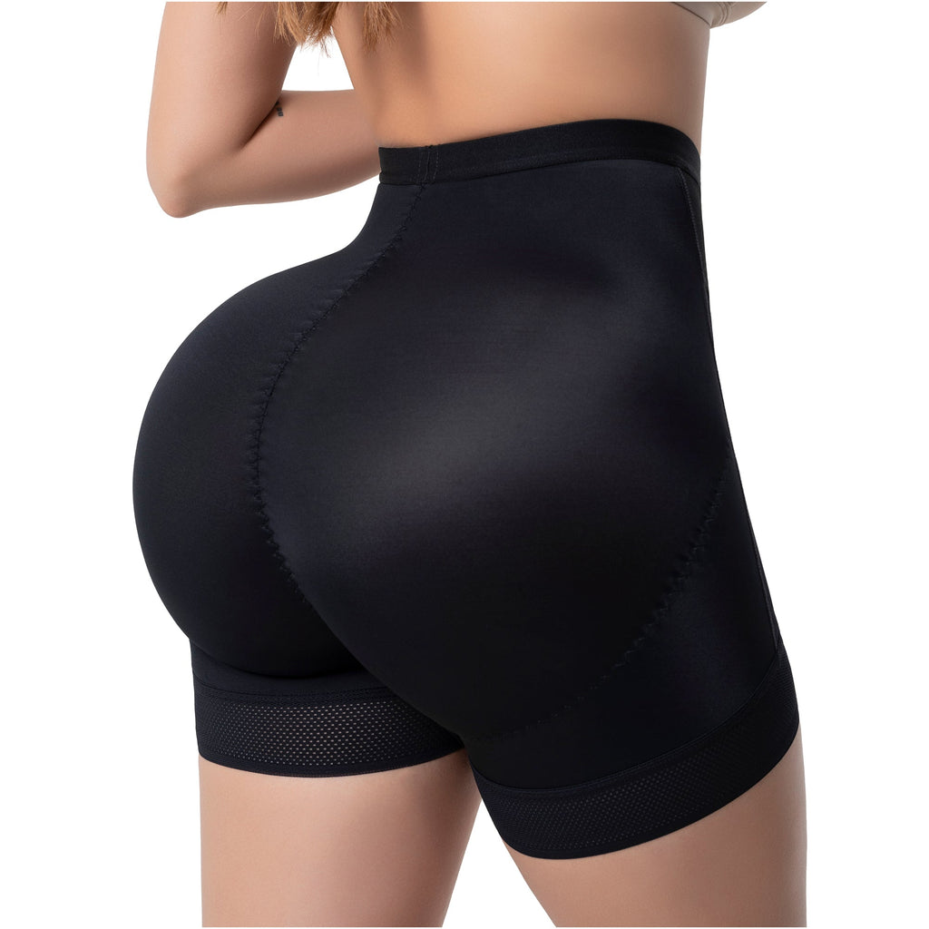Fajas Salome TC02 black padded butt lifter shaper shorts, Colombian shapewear booty enhancer back view for women