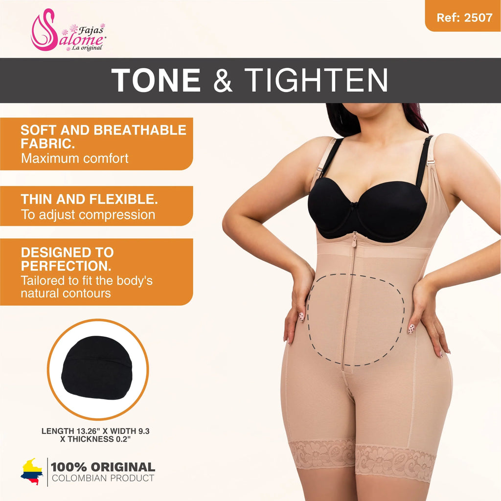Fajas Salome 2507 beige full-body Colombian shapewear with zipper closure and butt-lifting panel, compression faja for women