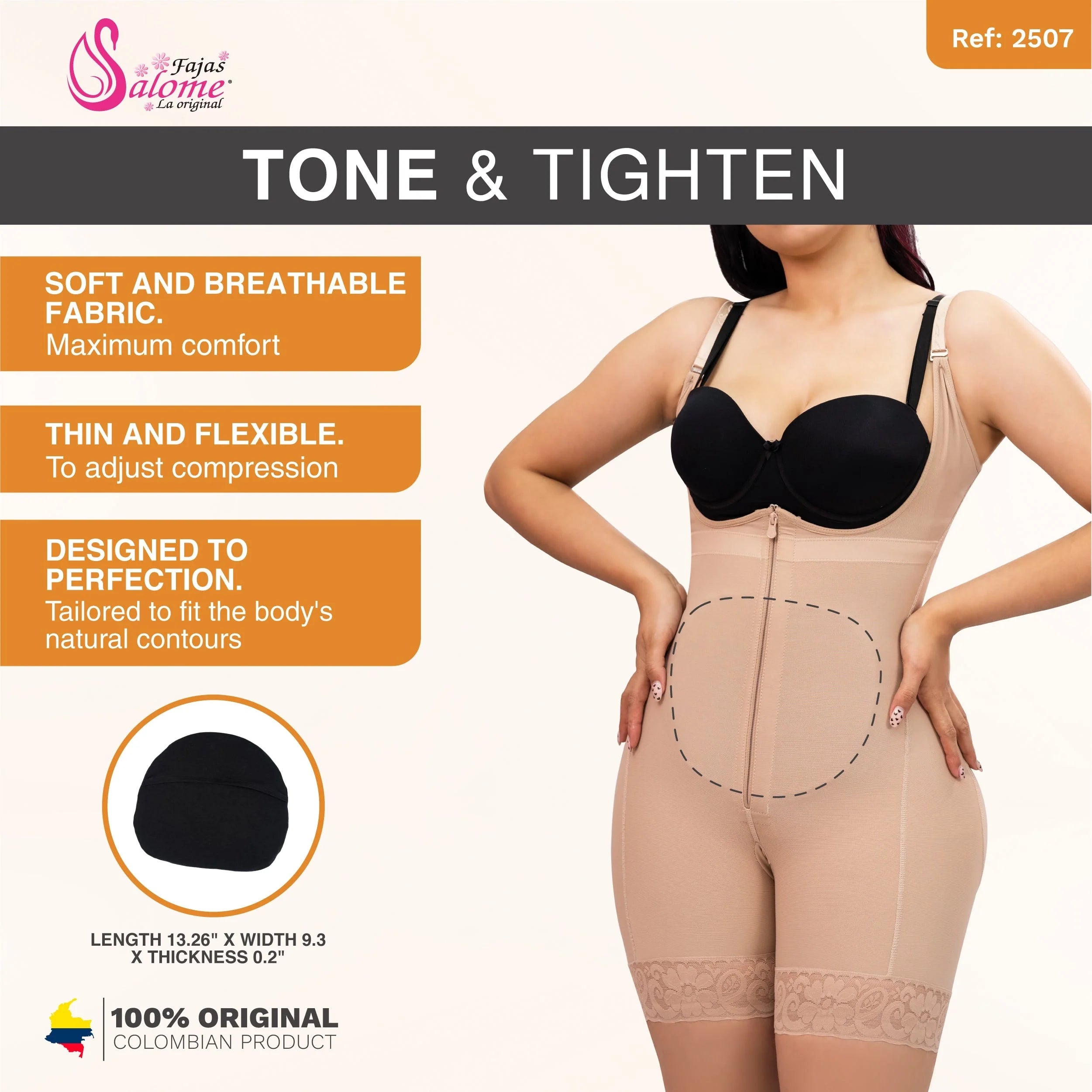 Fajas Salome 2507 beige full-body Colombian shapewear with zipper closure and butt-lifting panel, compression faja for women