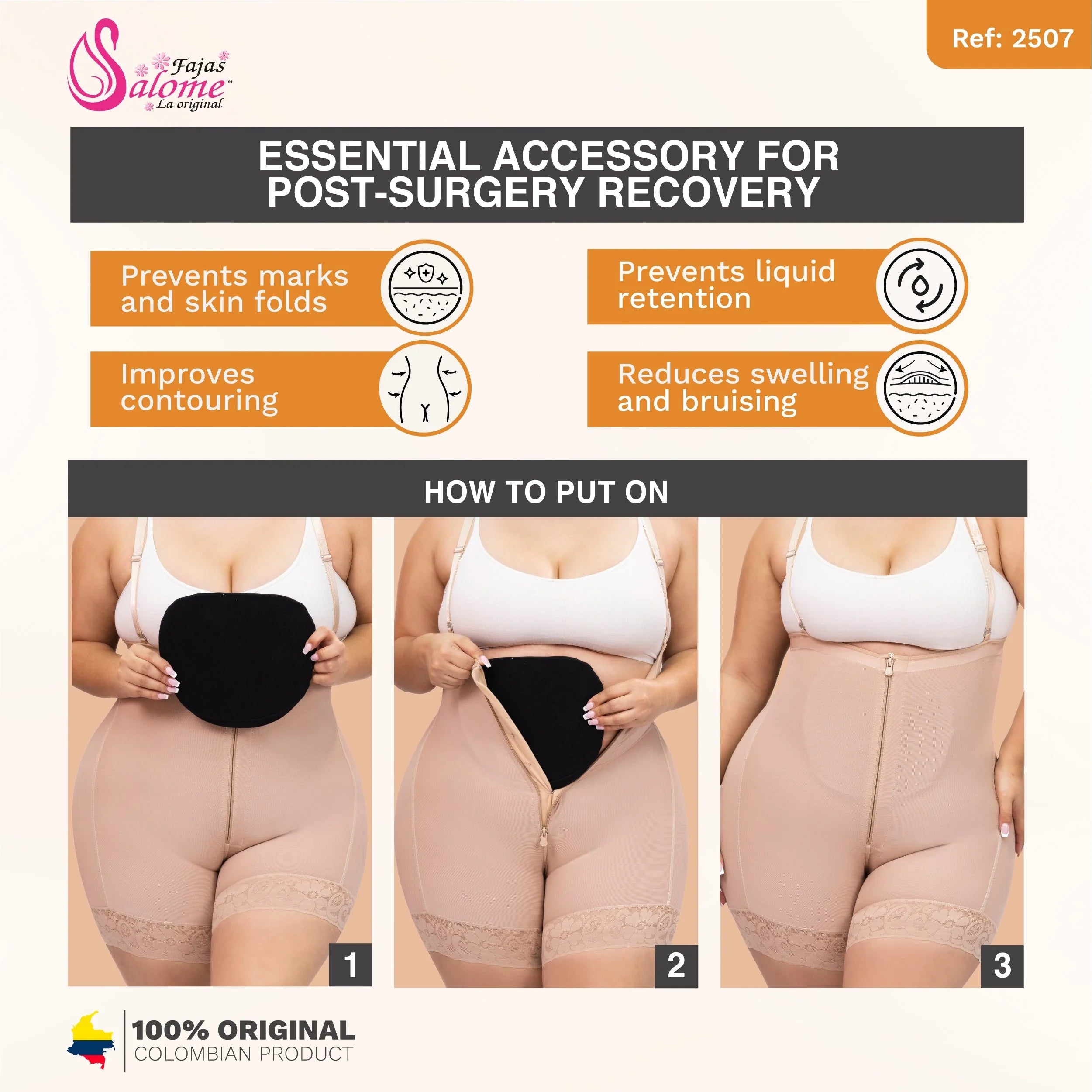 Fajas Salome 2507 beige post-surgery faja with front zipper closure, Colombian shapewear for body contouring recovery
