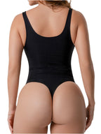 Fajas Salome BCB5 black thong bodysuit back view, post-surgery Colombian shapewear with scoop back and full torso compression
