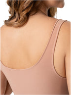 Fajas Salome BCB5 nude open-back Colombian shapewear bodysuit with wide straps, post-surgery compression garment back view