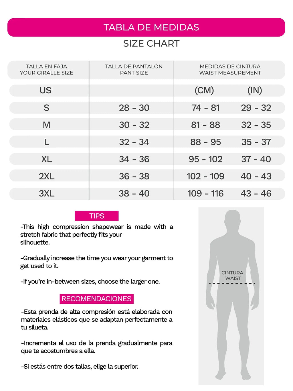 Fajas MyD MYD0061 size chart for Colombian shapewear post-surgery compression faja, waist measurement guide in cm and inches