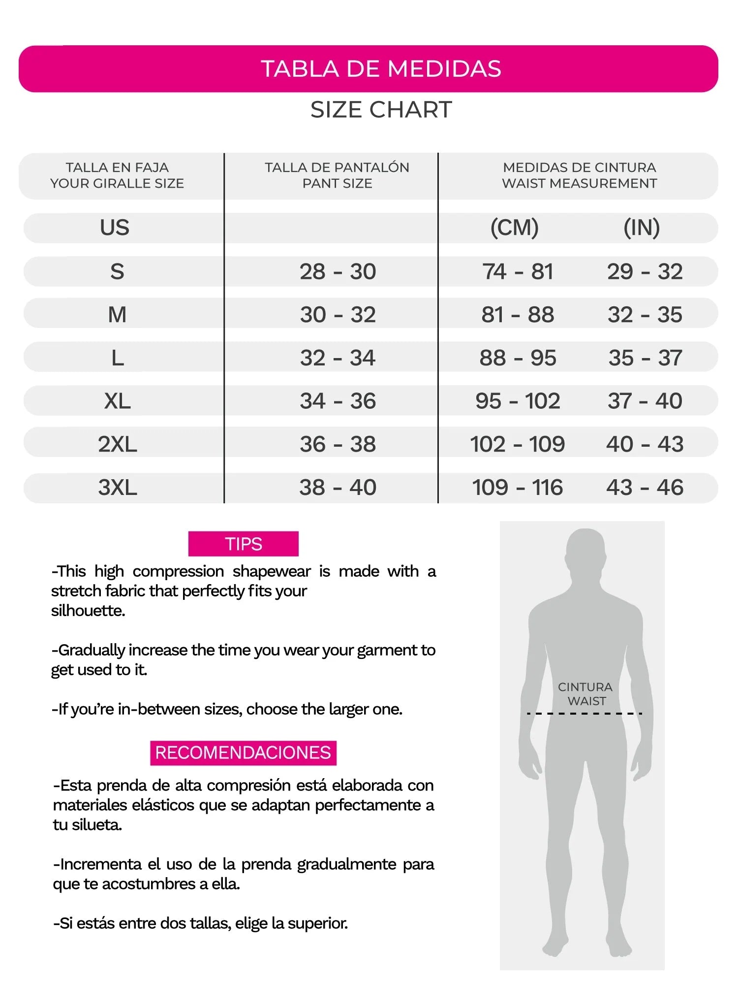 Fajas MyD MYD0061 size chart for Colombian shapewear post-surgery compression faja, waist measurement guide in cm and inches