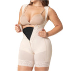Fajas Salome 2505 beige Colombian shapewear bodysuit with hook closure and lace trim, post-surgery body shaper front view