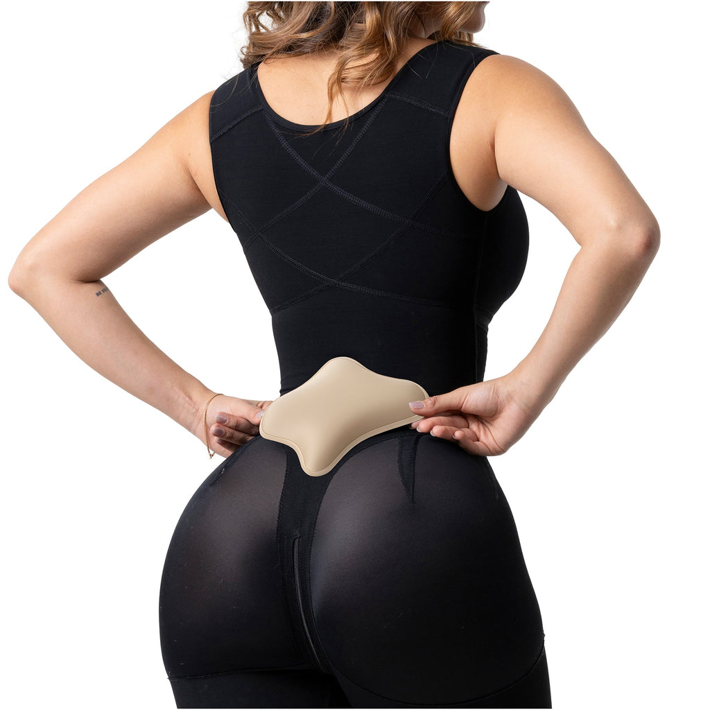 Fajas Salome 2506 black Colombian shapewear bodysuit with lumbar pad back view, post-surgery faja colombiana for women
