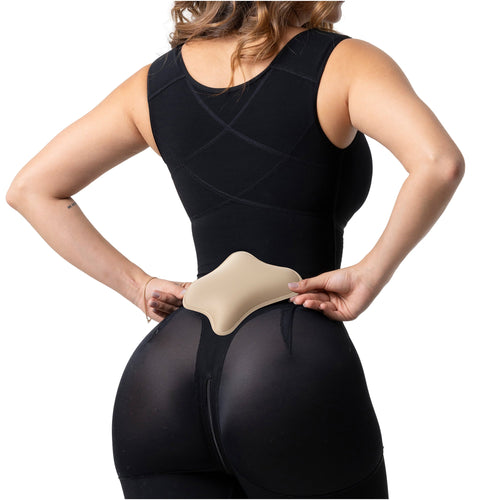 Fajas Salome 2506 black Colombian shapewear bodysuit with lumbar pad back view, post-surgery faja colombiana for women