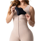 Fajas Salome 2506 beige full-body Colombian shapewear with removable black chest foam pad, post-surgery faja front view