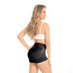 Fajas MyD MYD0211 black lace-trim shaper shorts back view, Colombian shapewear butt-lifting body shaper for women