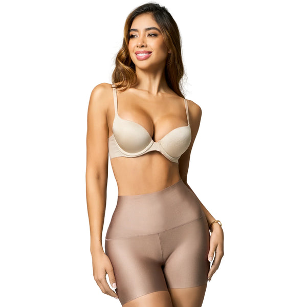 Fajas Salome 020879 nude high-waist boyshort Colombian shapewear with push-up bra, daily body shaper front view