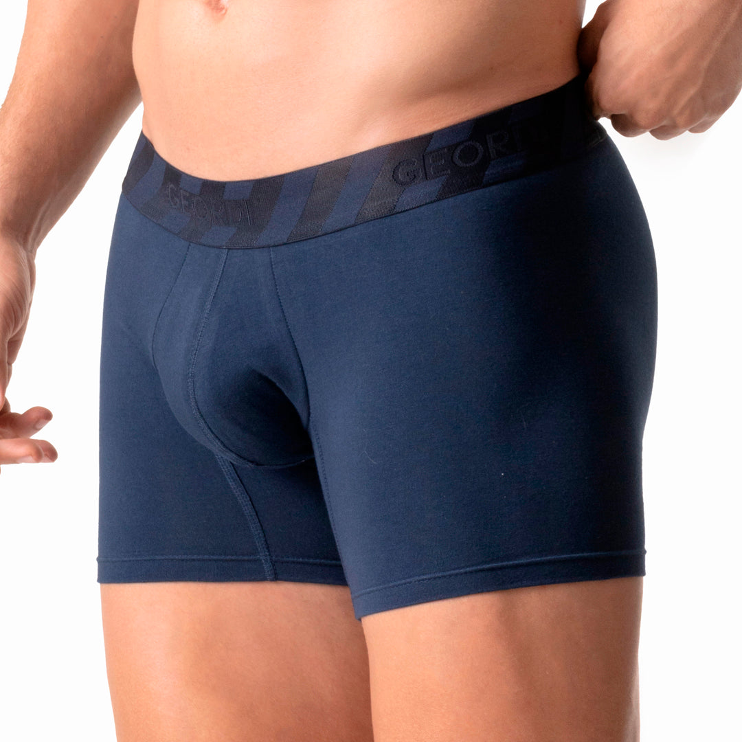 Diane & Geordi navy blue boxer brief with structured pouch, men's Colombian compression garment side view