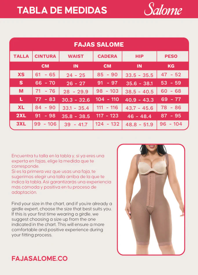 Fajas Salome size chart showing waist and hip measurements for Colombian shapewear faja colombiana body shaper XS to 3XL
