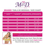 Fajas MyD bra size chart for post-surgery Colombian shapewear compression garment, S to 2XL bust measurements in cm and inche