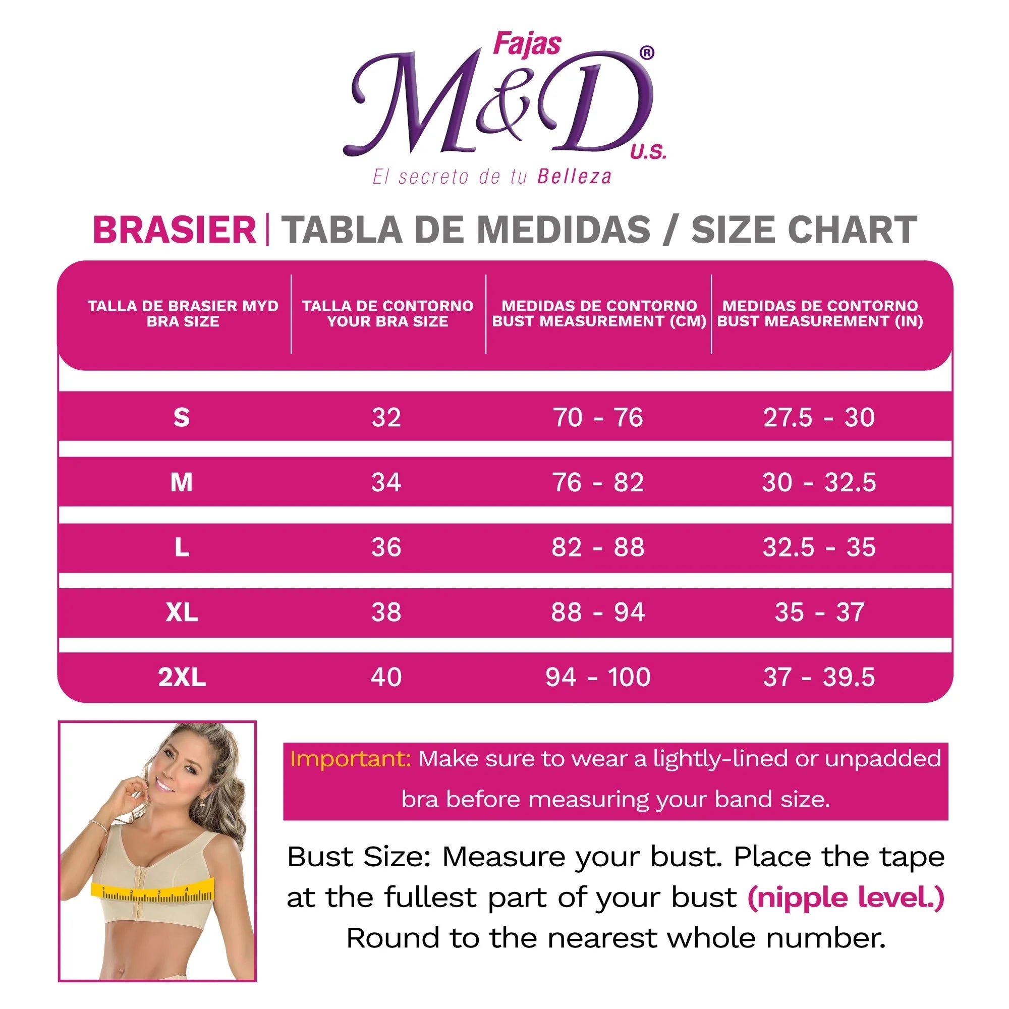 Fajas MyD bra size chart for post-surgery Colombian shapewear compression garment, bust measurements in cm and inches