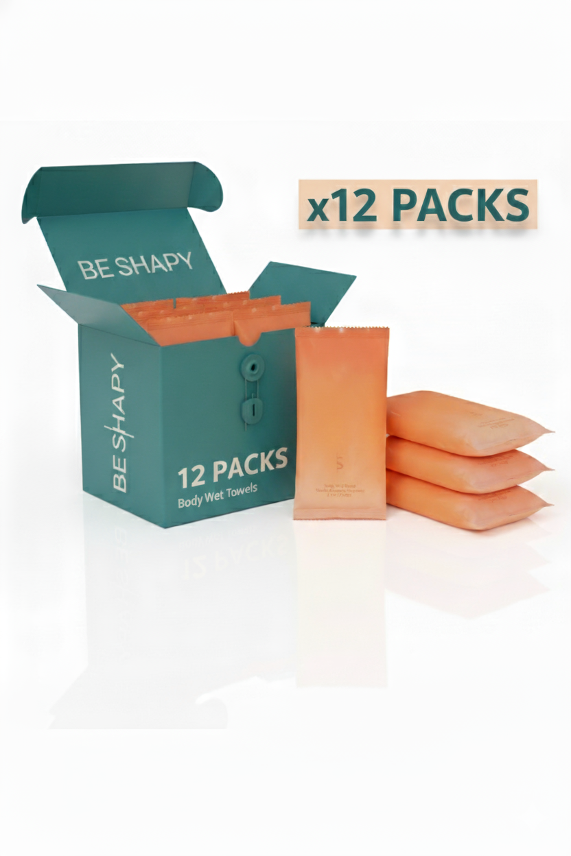 Be Shapy body wet towels 12 packs teal box with coral sachets, shapewear accessories for post-surgery faja care