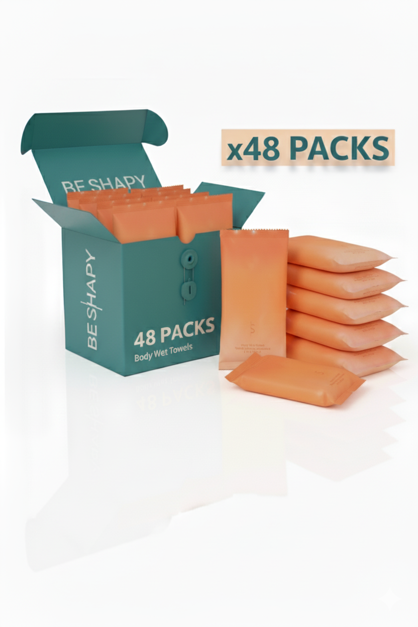 Be Shapy body wet towels 48 packs teal box with orange individual pouches, shapewear accessories for faja colombiana care
