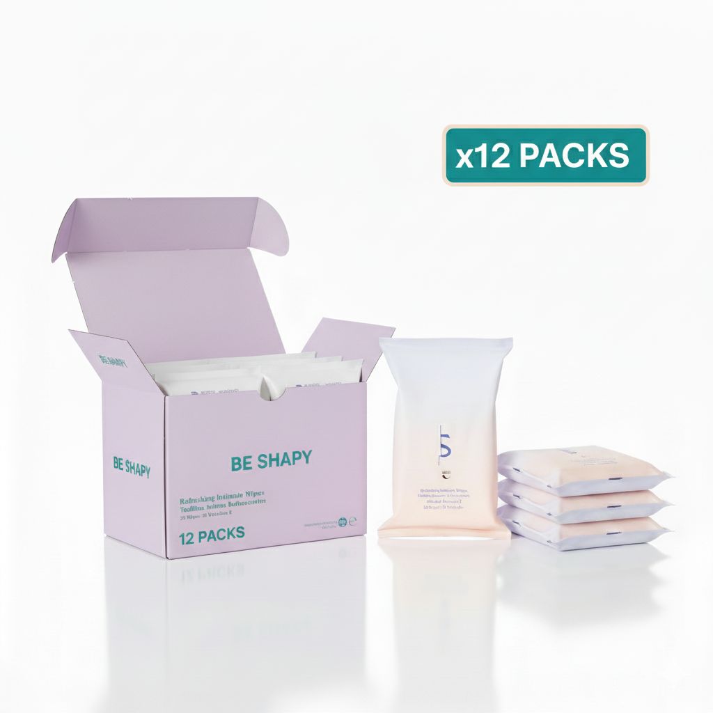 Be Shapy refreshing intimate wipes 12 pack box open lavender packaging, body shaper accessories for Colombian shapewear care