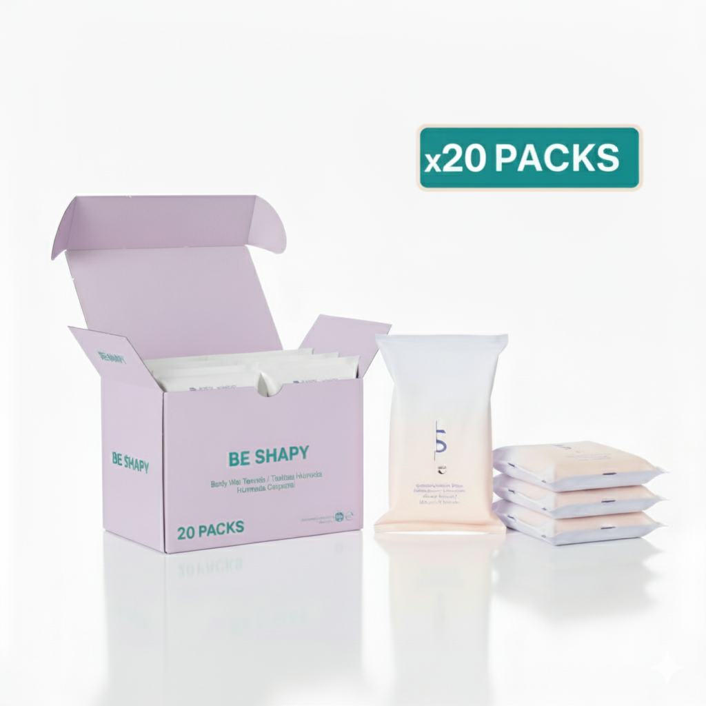 Be Shapy body wipes 20 packs lavender box open displaying individual sachets, shapewear accessories for faja colombiana care