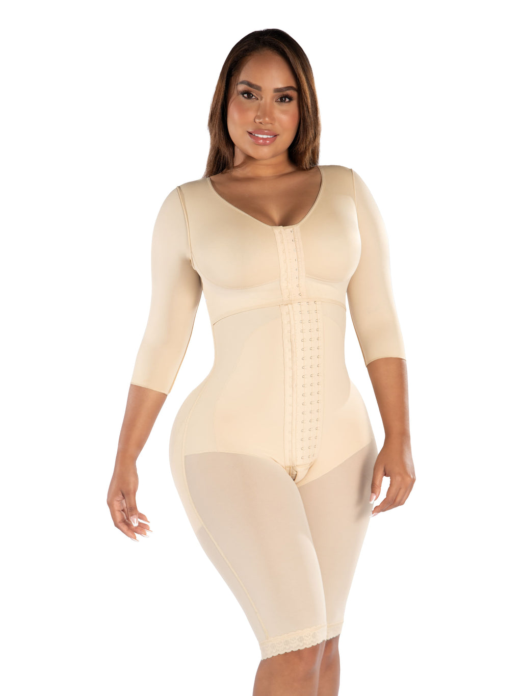 Fajas MyD F0047 beige full-body post-surgery faja with sleeves and hook closure, Colombian shapewear compression garment fron