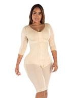 Fajas MyD F0047 beige full-body post-surgery faja with sleeves and hook closure, Colombian shapewear compression garment fron