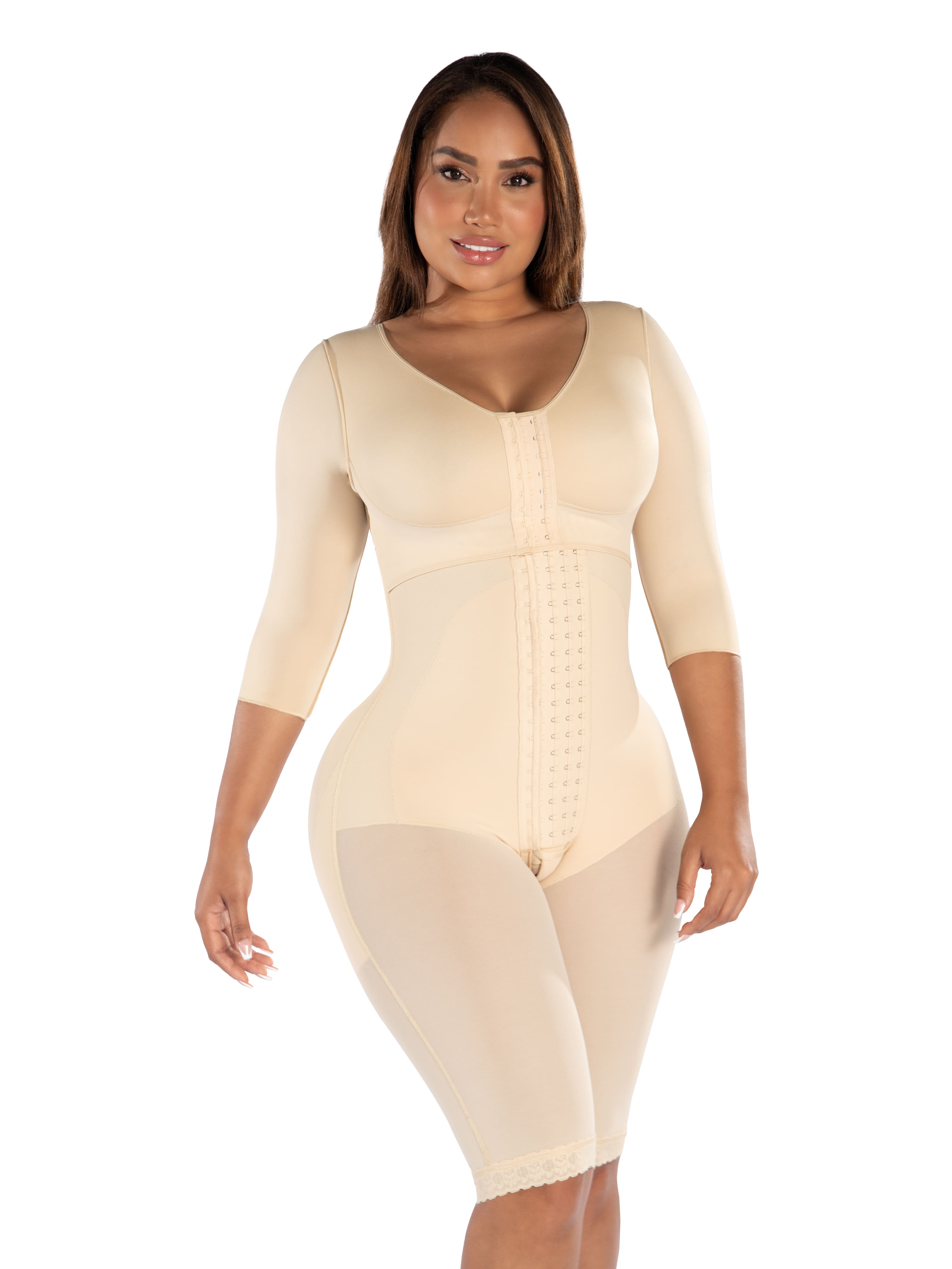 Fajas MyD F0047 beige full-body post-surgery faja with sleeves and hook closure, Colombian shapewear compression garment fron