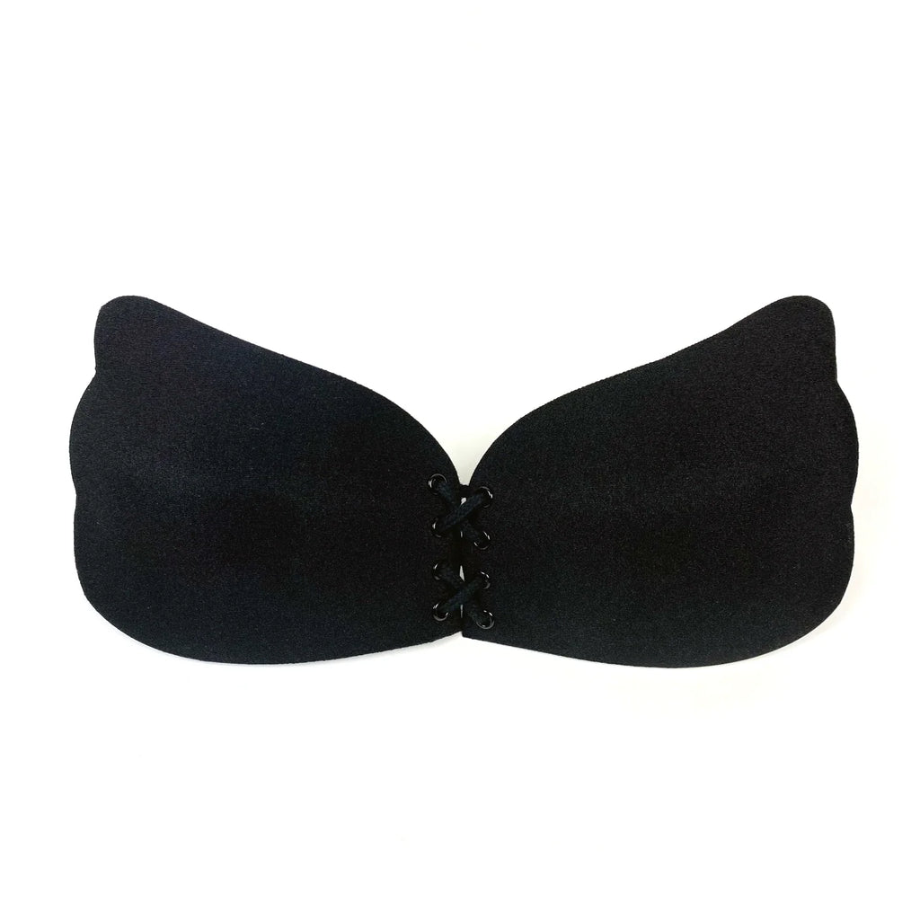 Diane and Geordi DAG-V3000 black strapless adhesive bra with lace-up front closure, Colombian shapewear accessory for women
